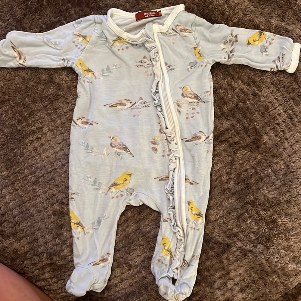 Milkbarn Blue Bird Bamboo Ruffle Zipper Footed Romper 3-6 months
